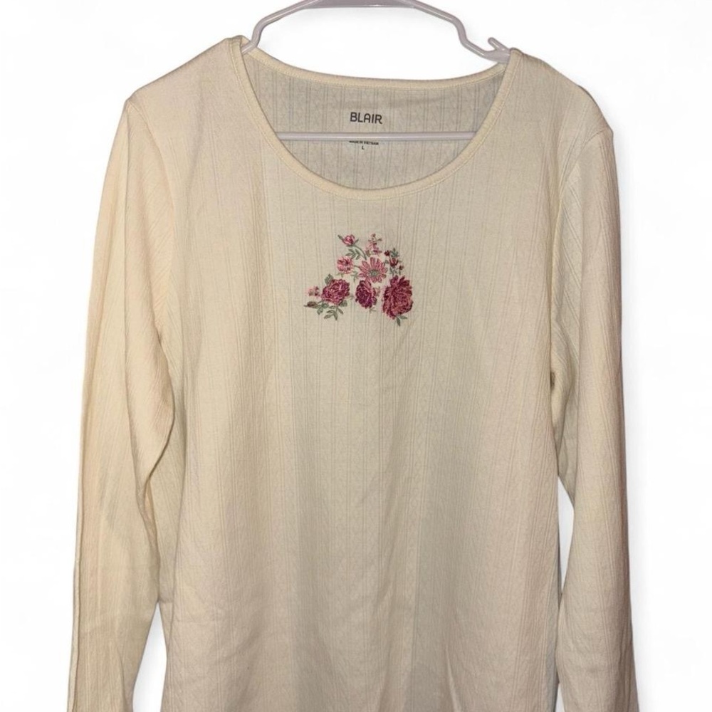 Blair Cream Long Sleeve Rose Embroidered Top Vintage Inspired Cottagecore Shirt